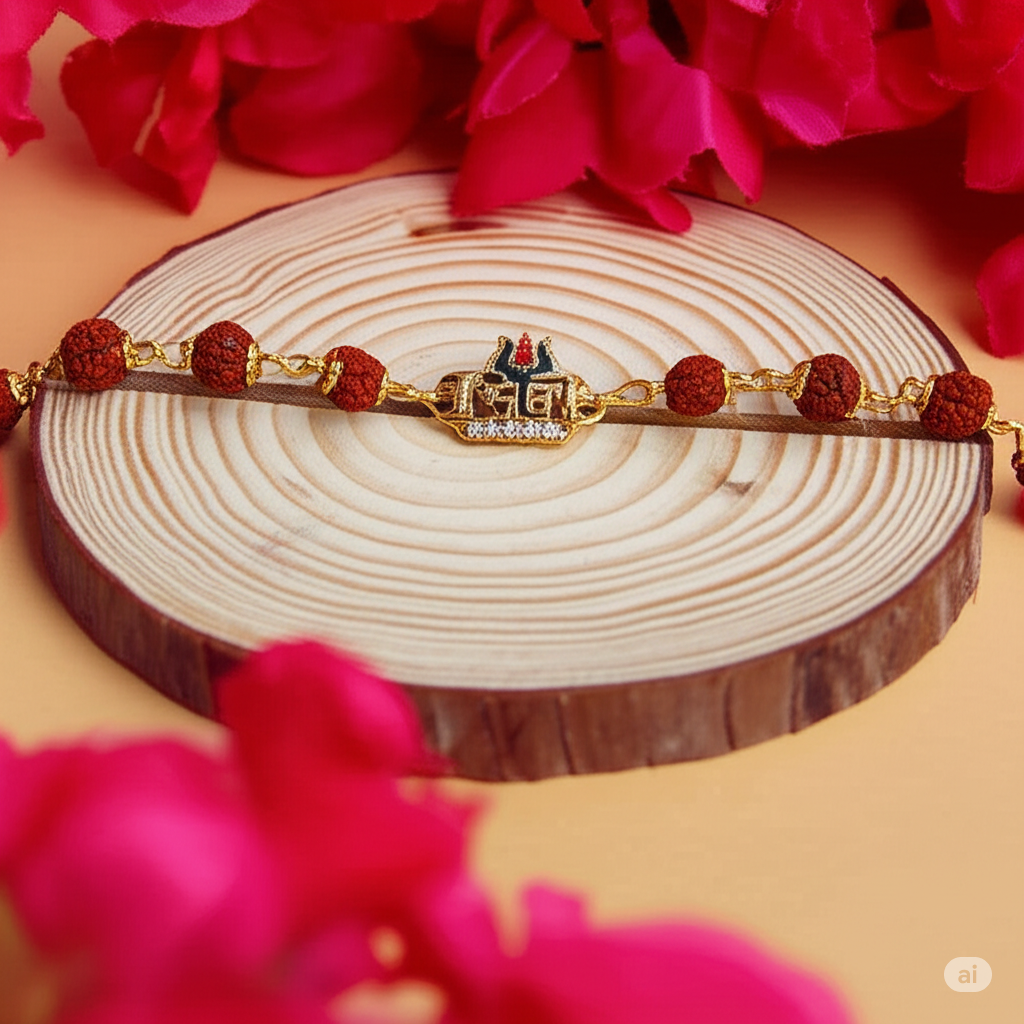 Rudraksha Trishul Pendant Golden Chain Bracelet